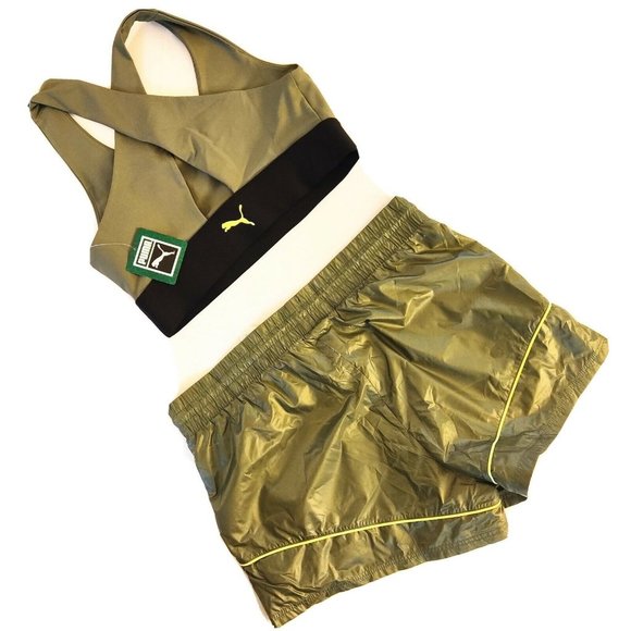 NWT Puma Womens Evide Workout Set Crop Top Bra Shorts Green - Picture 12 of 12